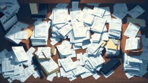 Een rommelig bureau met facturen en bonnetjes vóór Basecone's software.