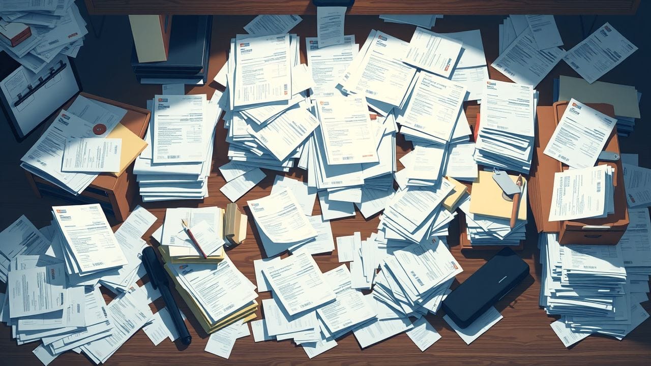 Een rommelig bureau met facturen en bonnetjes vóór Basecone's software.