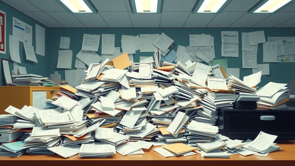 Een rommelig bureau vol papierwerk en chaos van handmatige boekhouding.