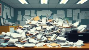 Een rommelig bureau vol papierwerk en chaos van handmatige boekhouding.