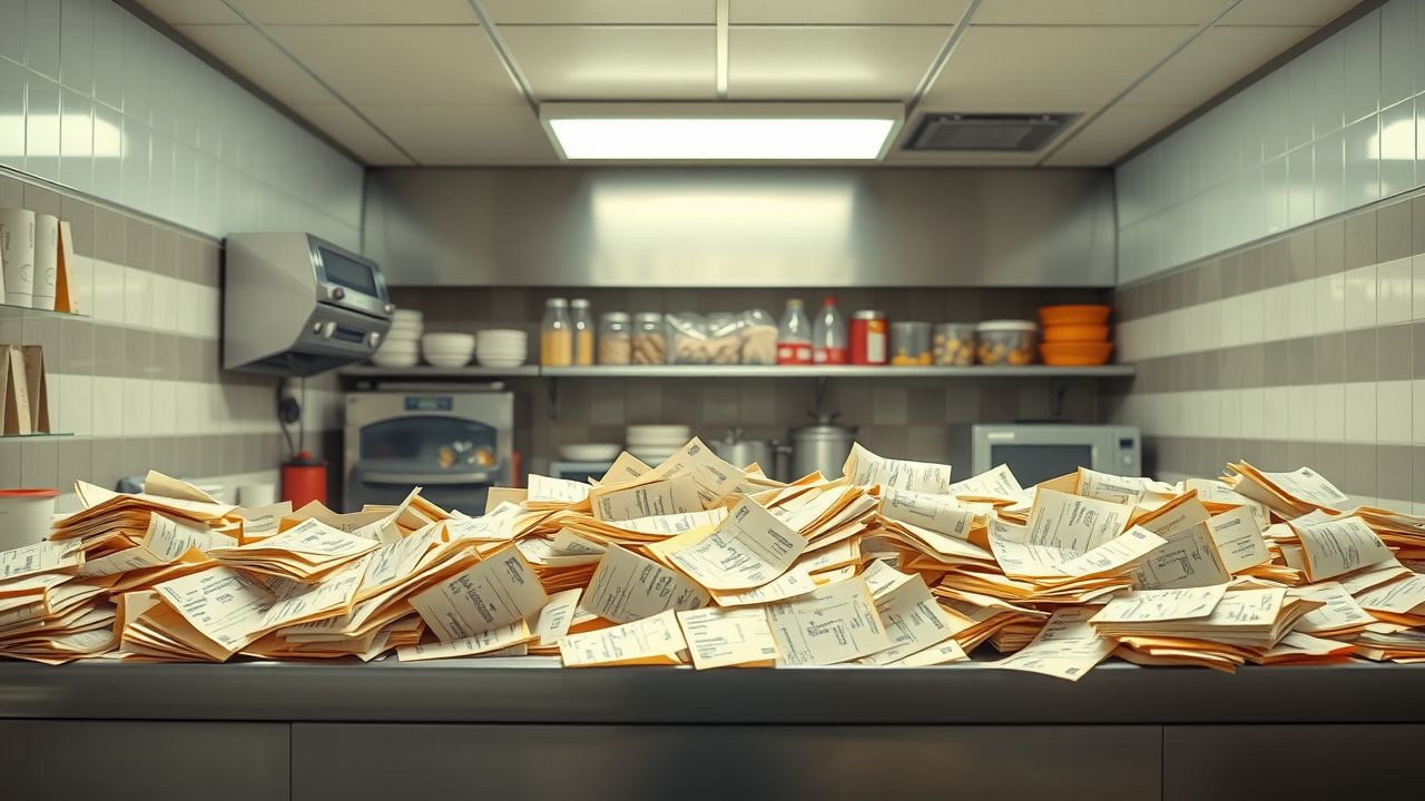 Een rommelige restaurantkeuken met ongeorganiseerde bestellingen.