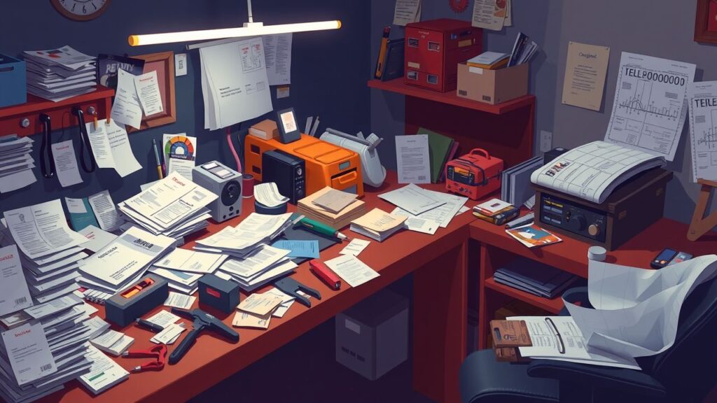 Een rommelige werkbank met gereedschap, documenten en blauwdrukken.