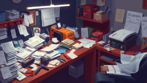 Een rommelige werkbank met gereedschap, documenten en blauwdrukken.