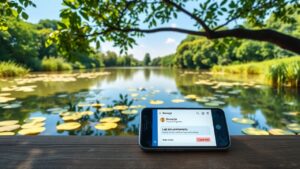 Een rustige vijver met een smartphone die de Bonnetje app toont.