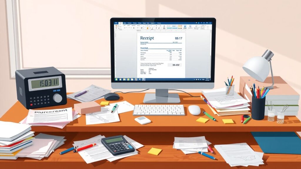 Een rommelig bureau met computer, papieren en kantoorbenodigdheden voor het maken van een bon.