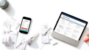 Een rommelig bureau met open laptop en smartphone.