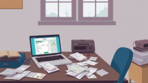 Een rommelig bureau met open laptop en bonnetjes.