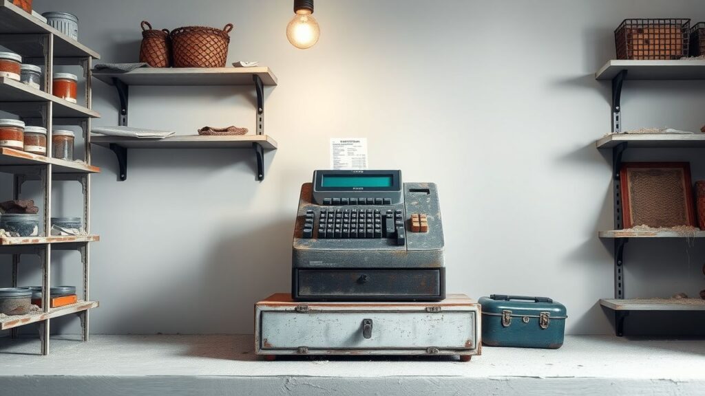 Een oude, verwaarloosde kassa in een stoffige ruimte.