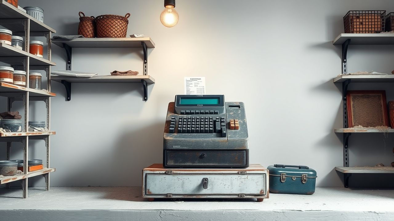 Een oude, verwaarloosde kassa in een stoffige ruimte.