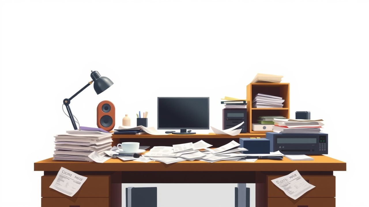 Een rommelig thuiskantoor met verspreide bonnetjes en facturen.