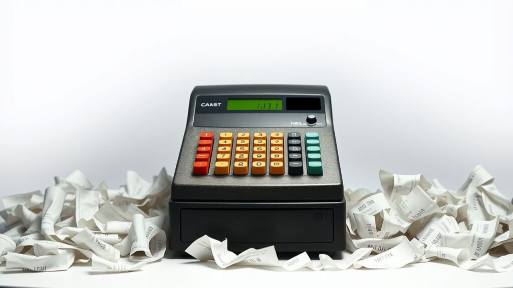 Een oude kassa met rommelige bonnetjes op de achtergrond.