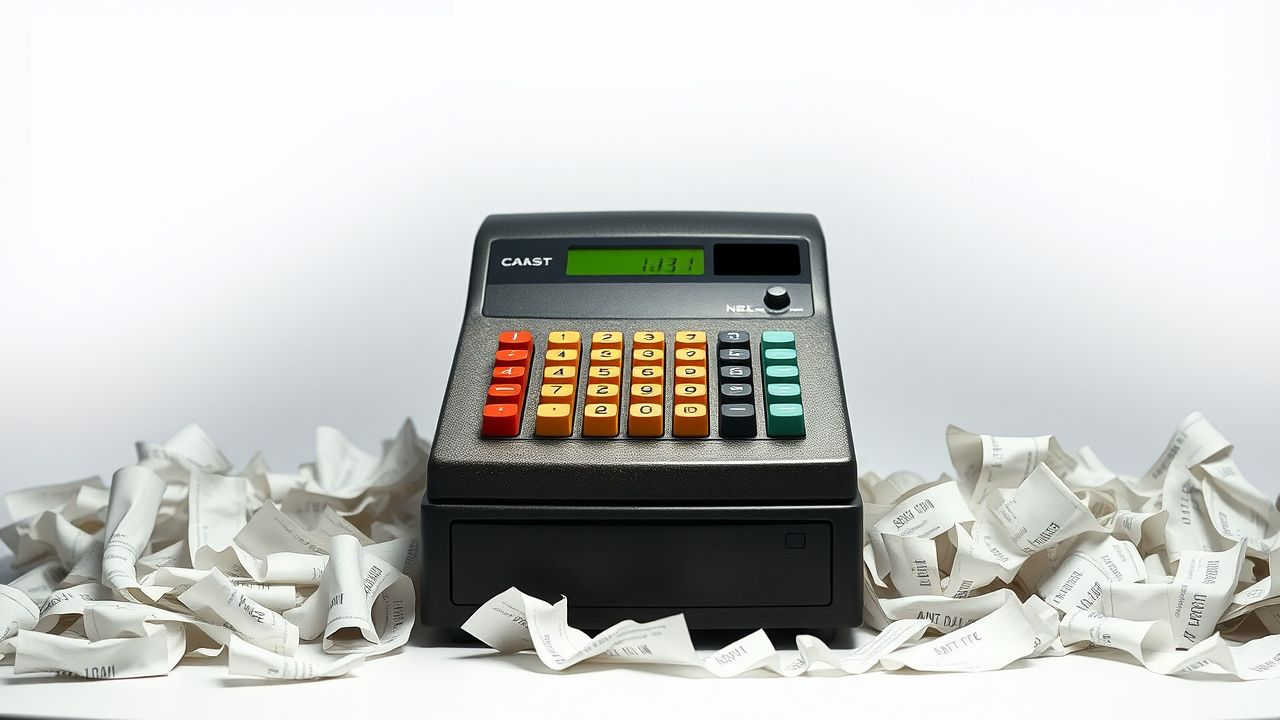 Een oude kassa met rommelige bonnetjes op de achtergrond.