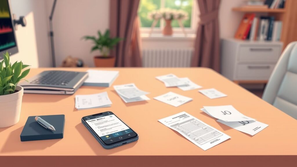 Een georganiseerde thuiswerkplek met papieren en een smartphone.