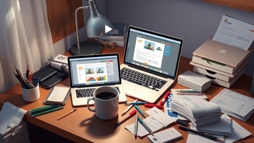 Een rommelig thuiskantoor met een open laptop en koffiekopje.