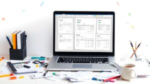 Een rommelig bureau met open laptop en kantoorbenodigdheden.