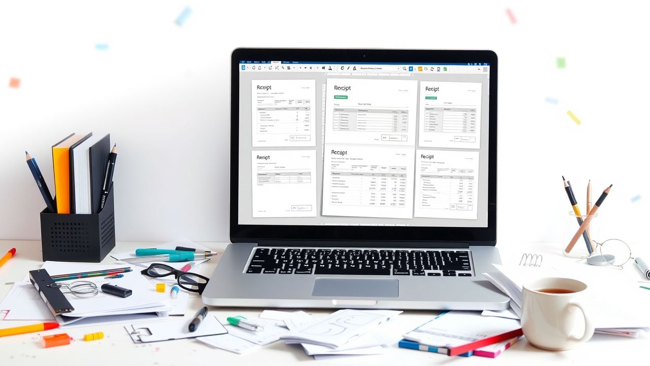 Een rommelig bureau met open laptop en kantoorbenodigdheden.