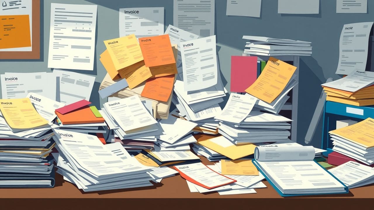 Een rommelig bureau met bonnetjes en facturen, en een georganiseerde map.