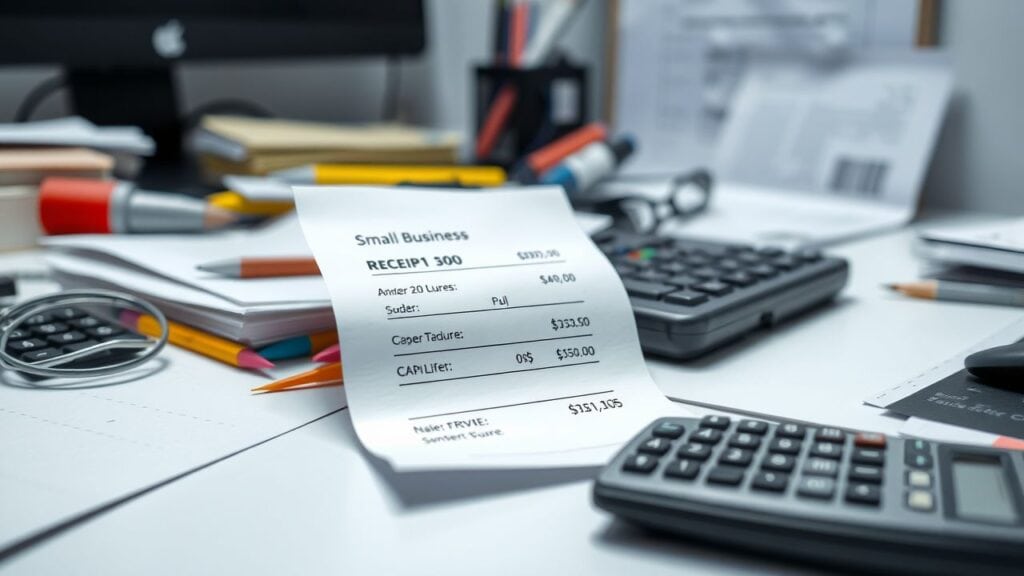 Een kleine zakelijke bon ligt op een rommelig bureau.