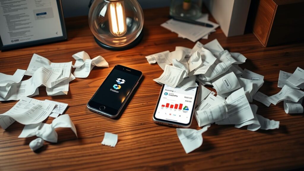 Een rommelig bureau met een smartphone en boekhoud-app.