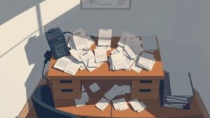 Een rommelig bureau met verspreide papieren symboliseert de frustratie van handmatige boekhouding.
