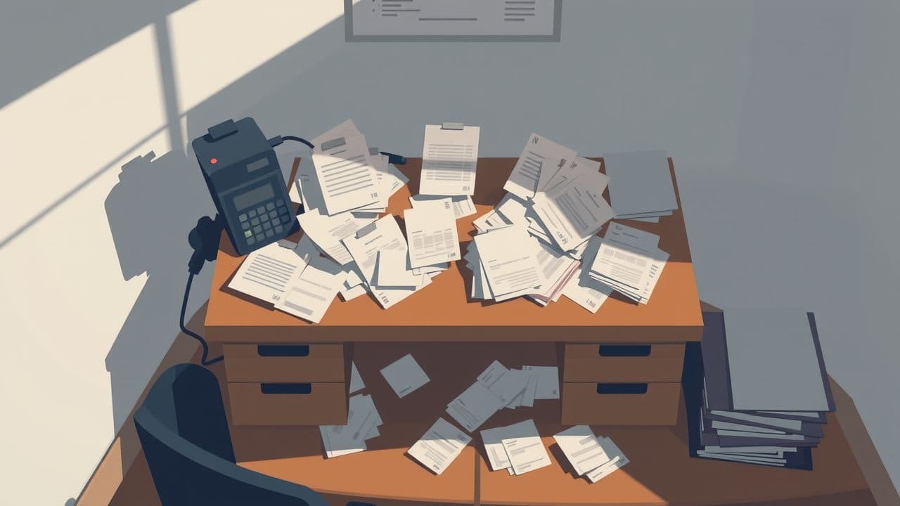 Een rommelig bureau met verspreide papieren symboliseert de frustratie van handmatige boekhouding.