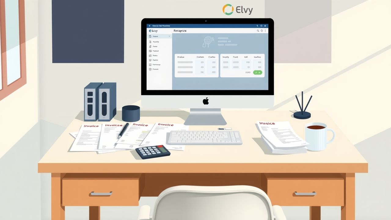 Een opgeruimd bureau met Elvy Scan en Herken software, facturen en een rekenmachine.