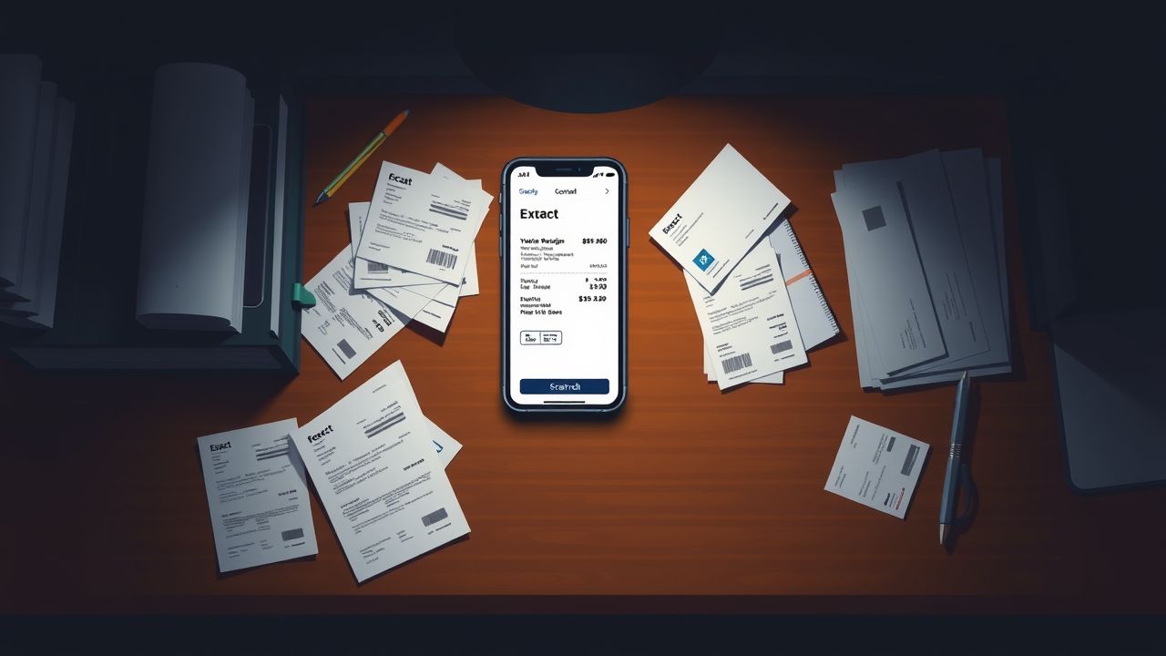 Een georganiseerd bureau met de Exact app voor het scannen van bonnetjes.