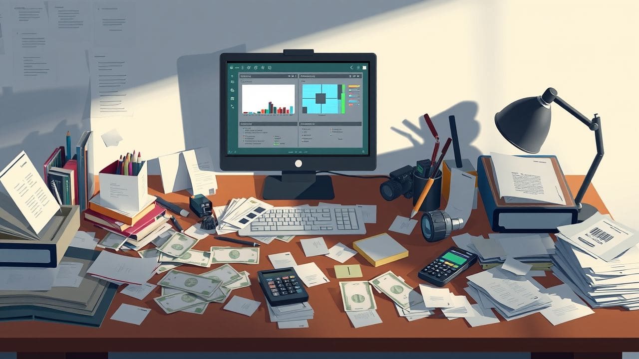 Een rommelig kantoorbureau met verspreide papieren en kantoorbenodigdheden.