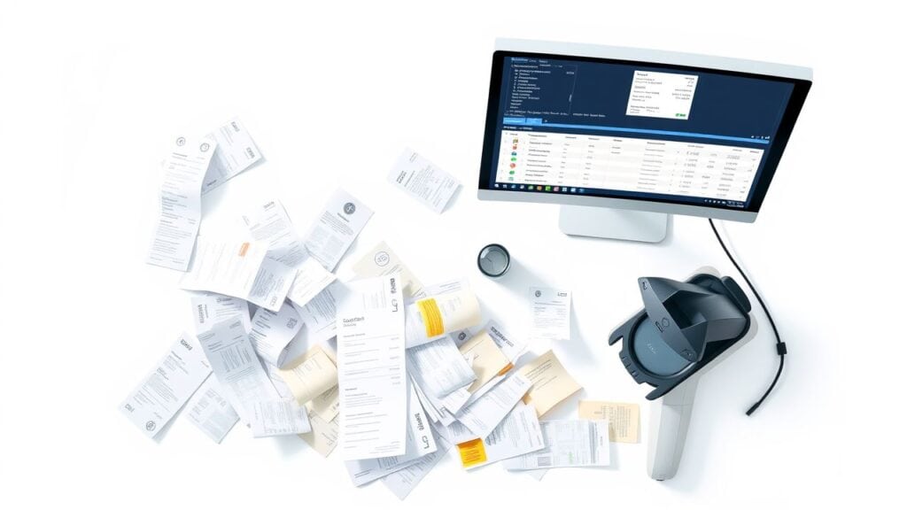 Een rommelig bureau met facturen en scanner illustreert geautomatiseerde factuurverwerking.
