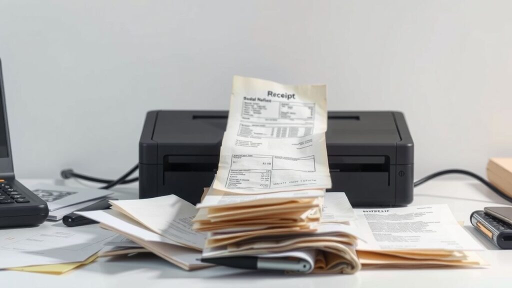 Een rommelig kantoor met een scanner die verouderde bonnetjes vastlegt.