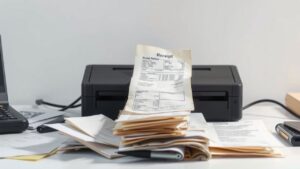 Een rommelig kantoor met een scanner die verouderde bonnetjes vastlegt.