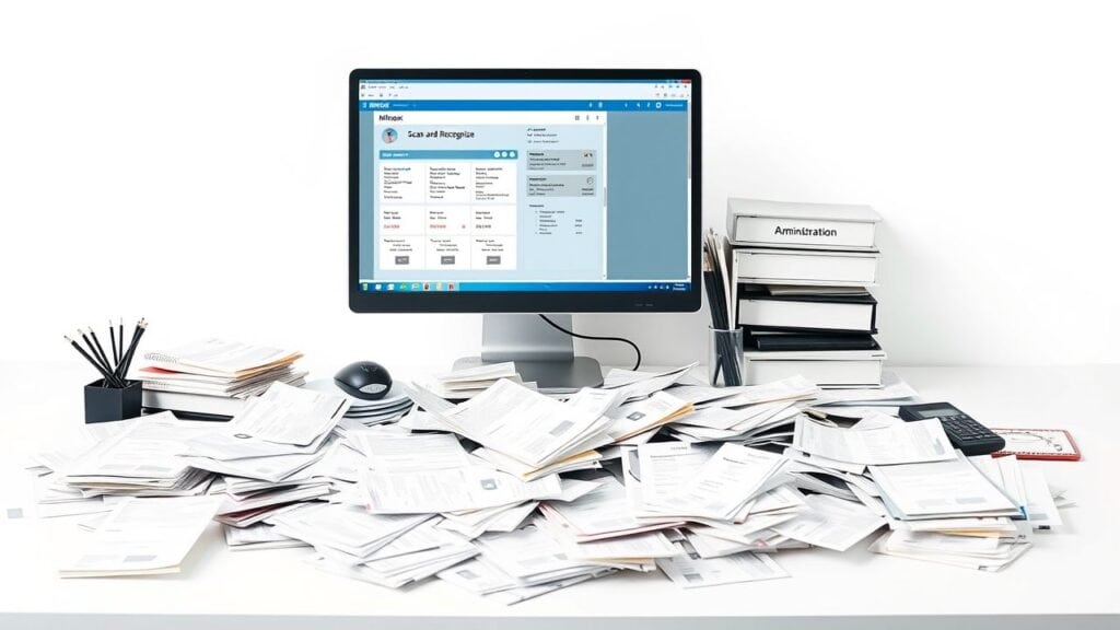 Een rommelig kantoorbureau met facturen en een scansoftware op de computer.