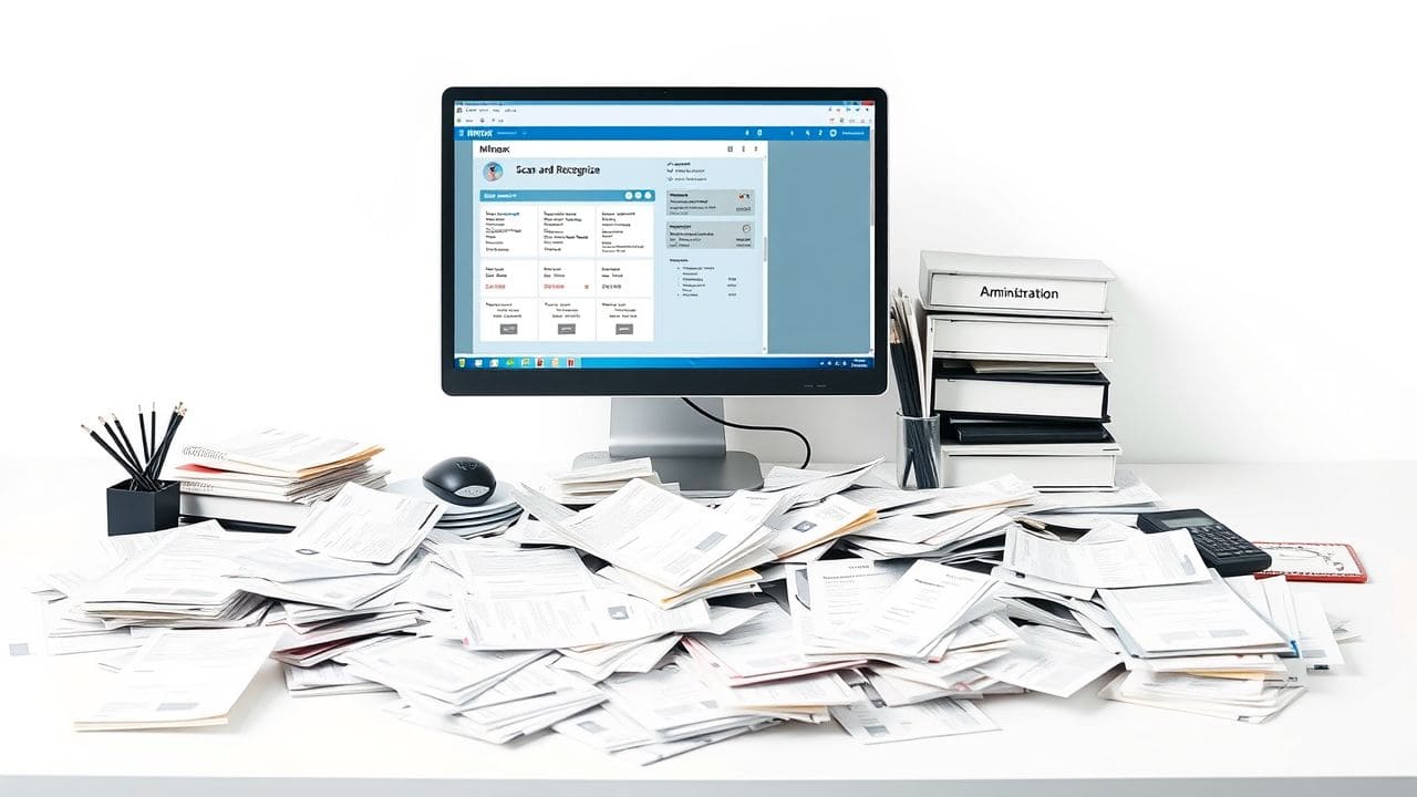 Een rommelig kantoorbureau met facturen en een scansoftware op de computer.