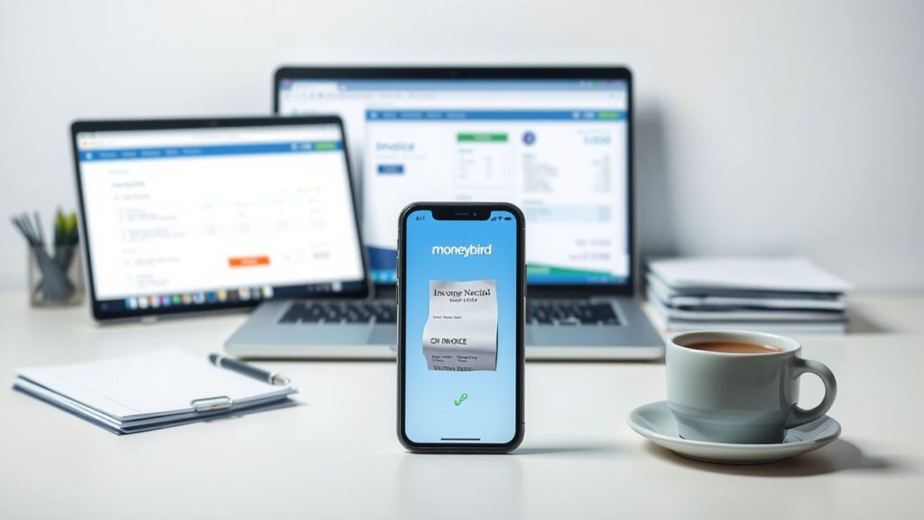 Een georganiseerde werkplek met smartphone scannen van bonnen en laptop factuurverwerking.