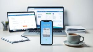 Een georganiseerde werkplek met smartphone scannen van bonnen en laptop factuurverwerking.