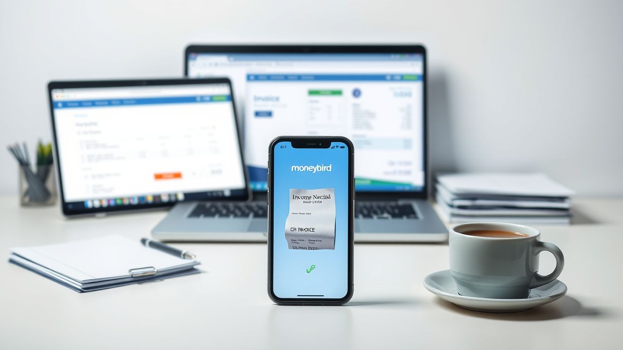 Een georganiseerde werkplek met smartphone scannen van bonnen en laptop factuurverwerking.