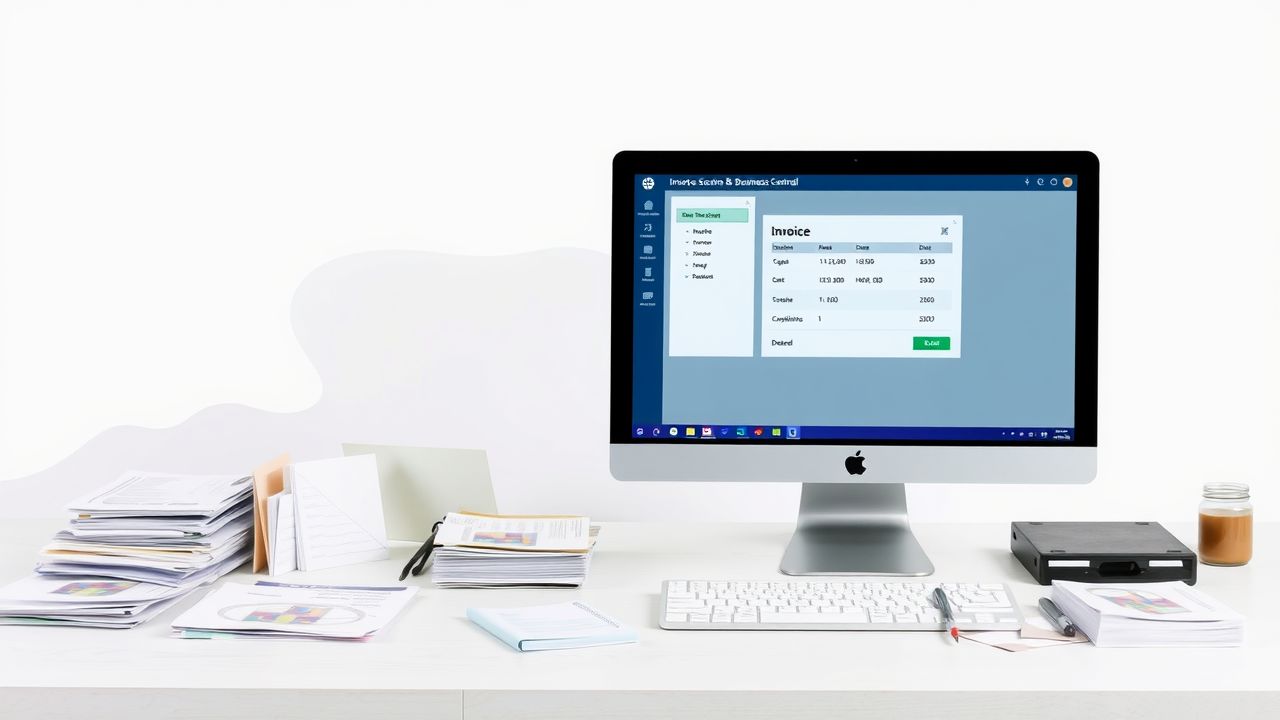 Een rommelig bureau met facturen en georganiseerde digitale bestanden, met een computer die Business Central-interface toont.