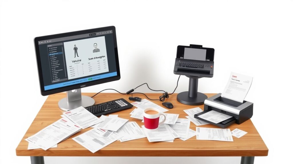 Een rommelig kantoorbureau met facturen en scanapparatuur.