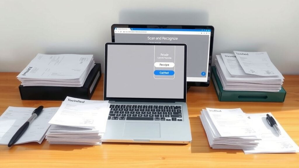 Een georganiseerd bureau met laptop en stapels facturen en bonnen.