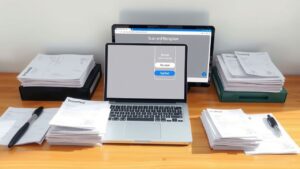 Een georganiseerd bureau met laptop en stapels facturen en bonnen.