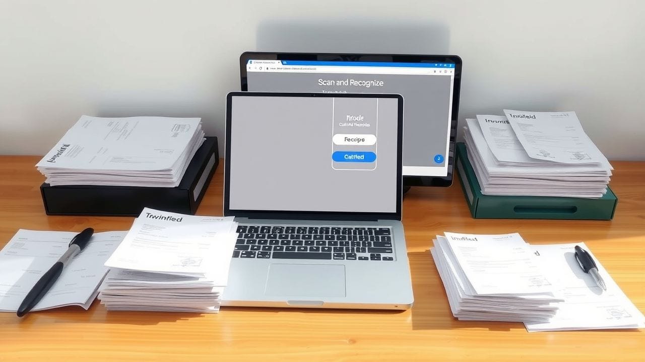 Een georganiseerd bureau met laptop en stapels facturen en bonnen.