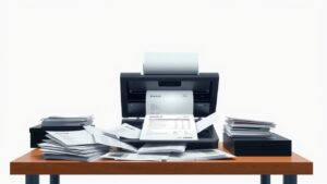 Een druk kantoorbureau met facturen en een scanner.