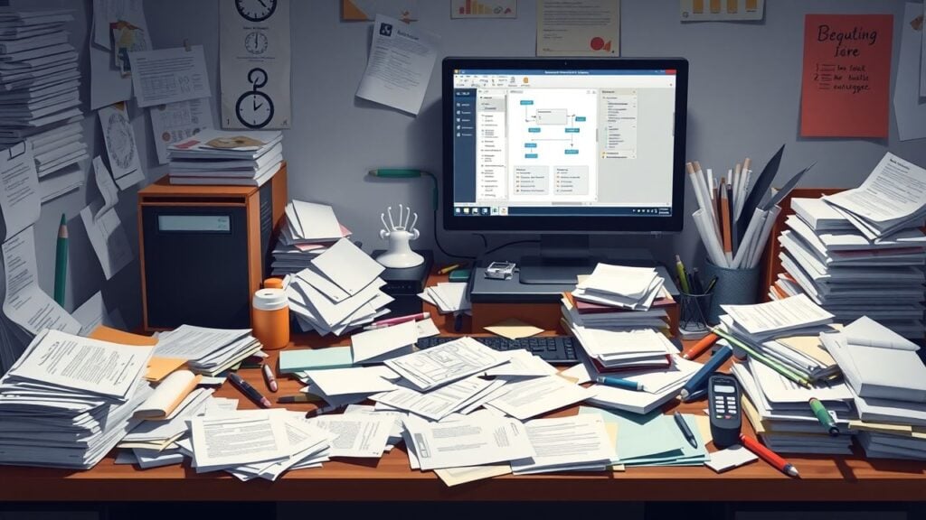 Een rommelig bureau met kantoorbenodigdheden en computermonitor.