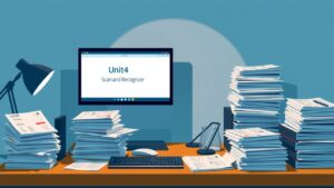 Een rommelig bureau met facturen en Scan en Herken software.