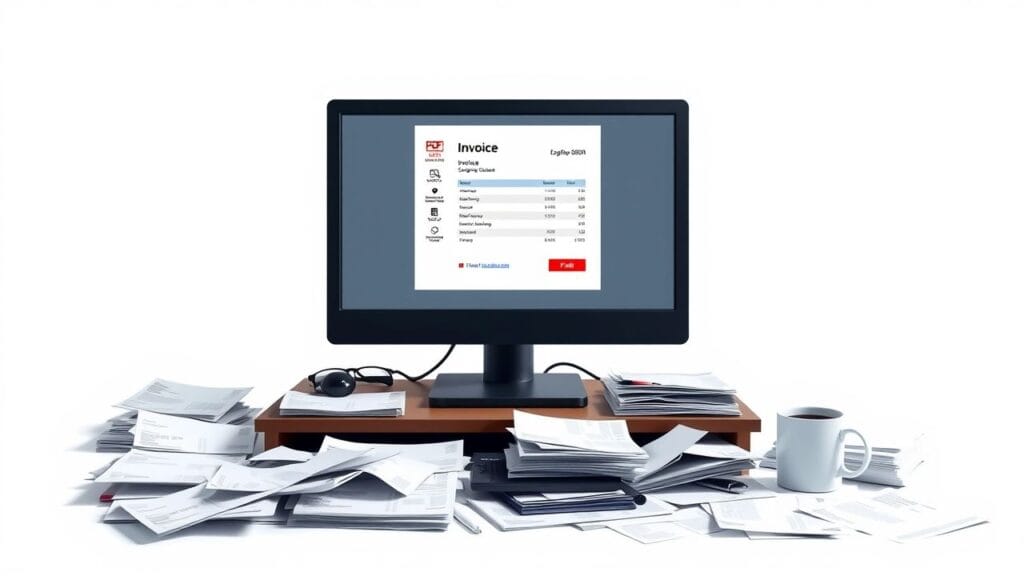 Een rommelig kantoorbureau met verspreide facturen en een computer.