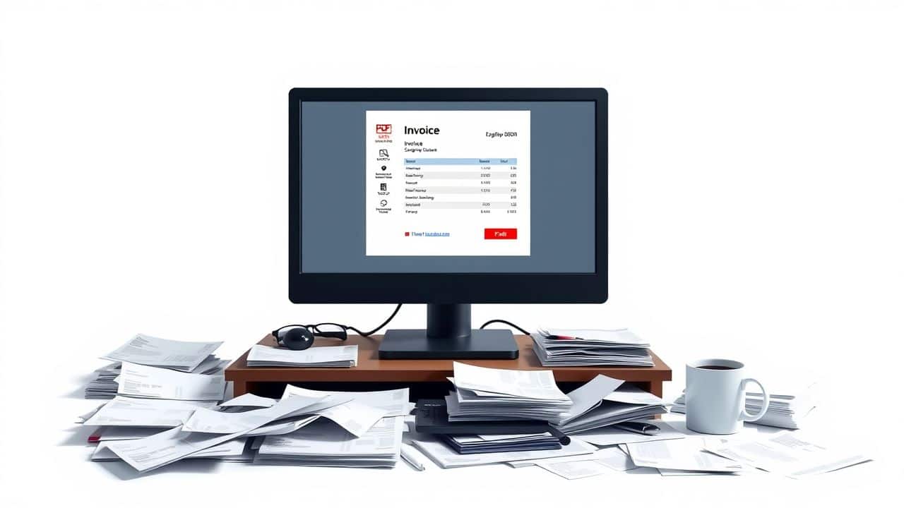 Een rommelig kantoorbureau met verspreide facturen en een computer.