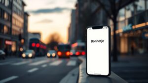 Een stadsstraat bij schemering met de Bonnetje app op een smartphone.