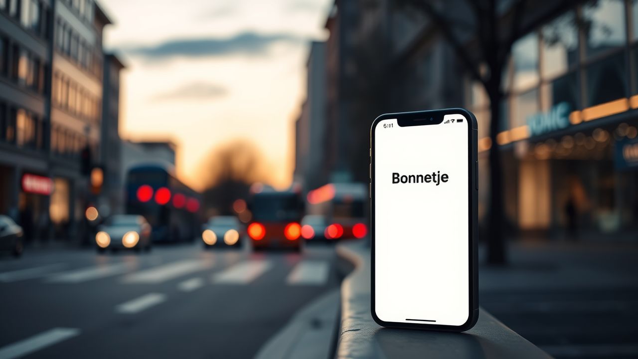Een stadsstraat bij schemering met de Bonnetje app op een smartphone.