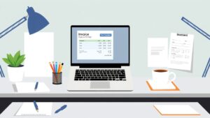 Een ordelijk bureau met een open laptop en kantoorbenodigdheden.